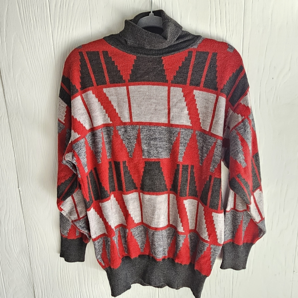 80's New Wave Red, Grey, Black Turtleneck Sweater